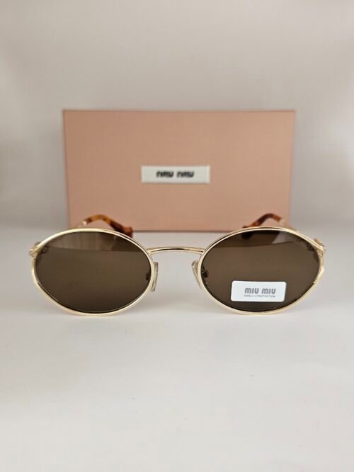 Miu Miu — Gafas ovaladas doradas con lentes marrones