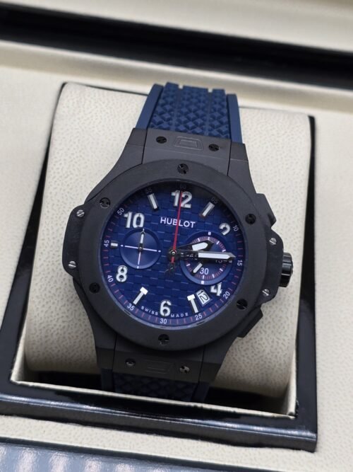 Hublot — esfera azul con apertura y caja gris