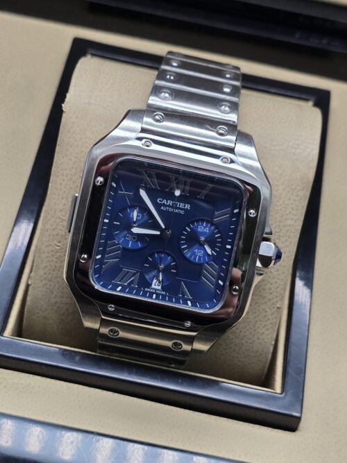 Cartier — esfera azul cuadrada con subesferas