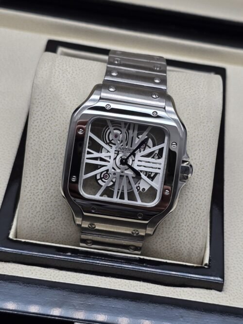 Cartier — esfera abierta cuadrada y brazalete plateado