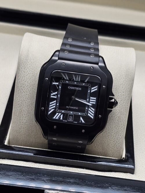 Cartier — esfera negra cuadrada y caja negra