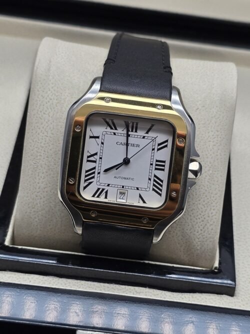 Cartier — esfera blanca cuadrada y correa negra