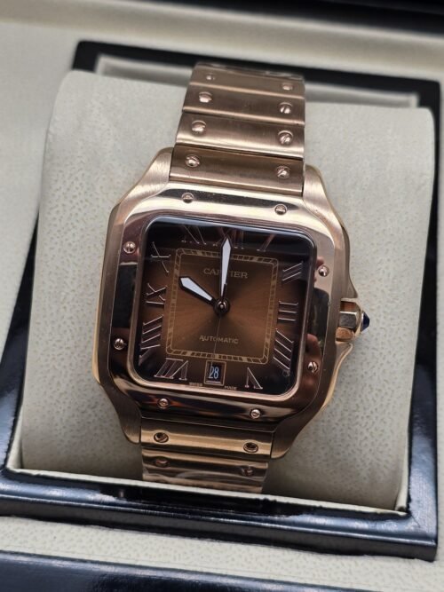 Cartier — esfera marrón cuadrada y brazalete en tono rosado