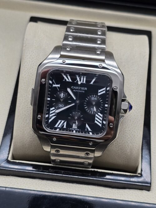 Cartier — esfera negra cuadrada con subesferas y caja plateada