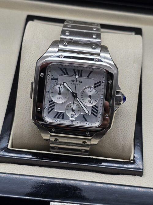 Cartier — esfera plateada cuadrada con subesferas