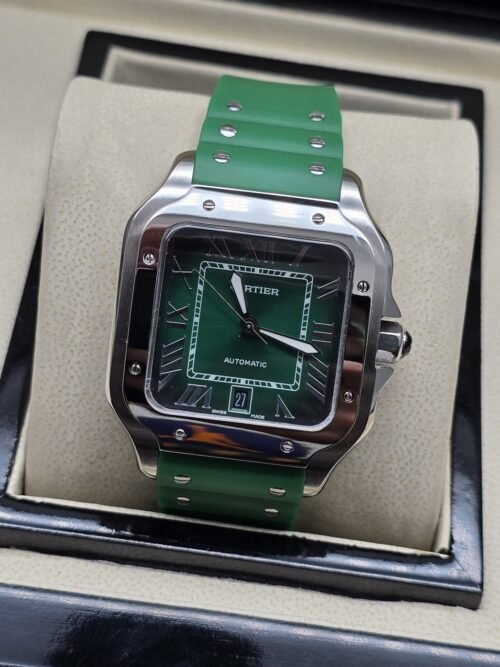 Cartier — esfera verde cuadrada y correa verde
