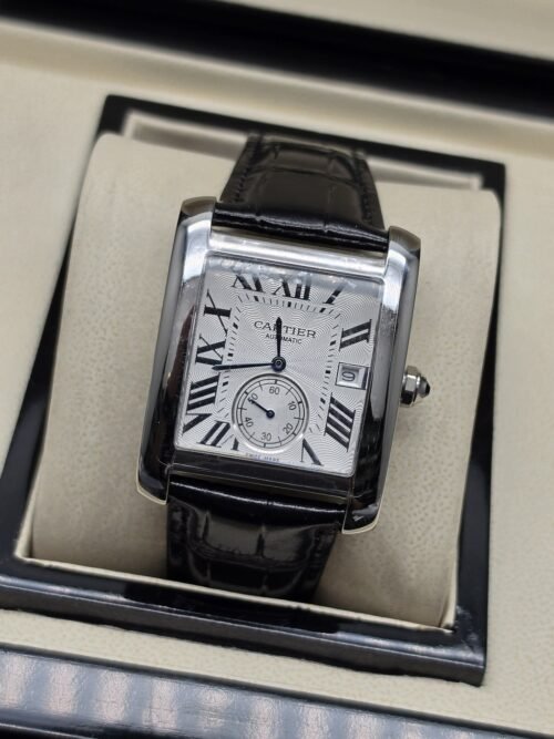 Cartier — esfera blanca rectangular con subesfera