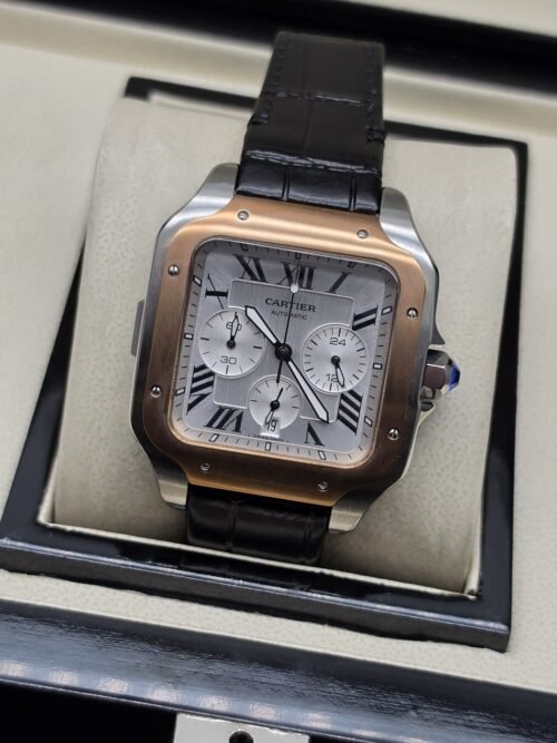 Cartier — esfera blanca cuadrada con subesferas y correa negra