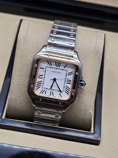 Cartier dama — esfera blanca cuadrada y bisel en tono rosado