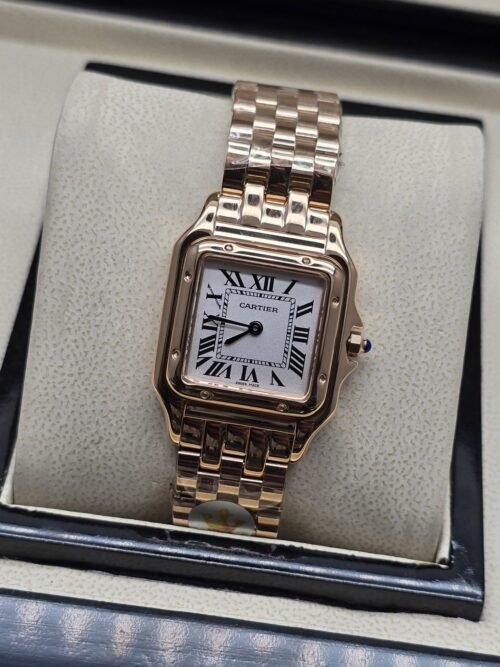 Cartier dama — esfera blanca cuadrada y brazalete de eslabones rosados