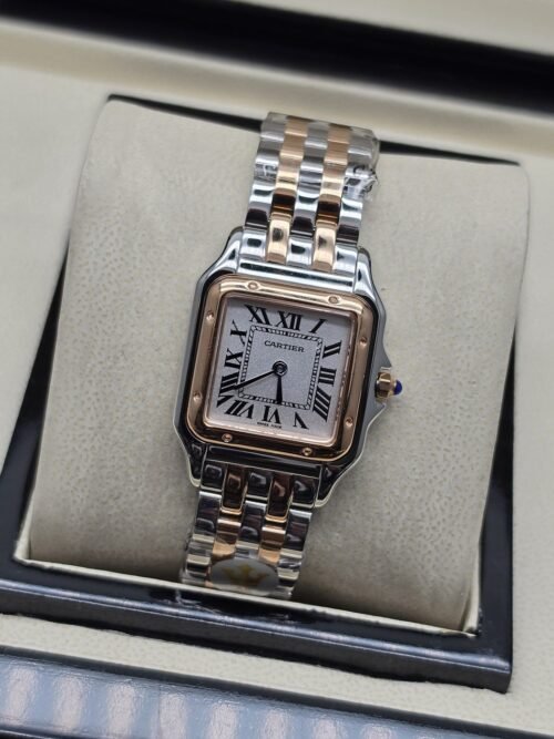 Cartier dama — esfera blanca cuadrada y brazalete de eslabones bicolor