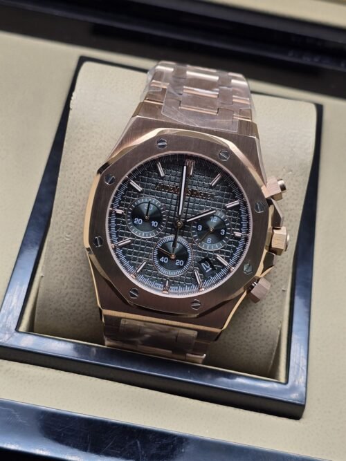 Audemars Piguet — esfera gris con subesferas y caja rosada