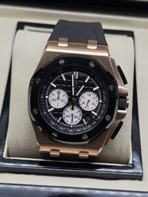 Audemars Piguet — esfera negra con subesferas blancas y caja rosada