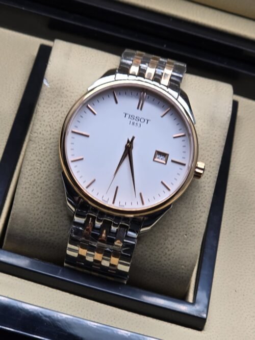 Tissot — esfera blanca sencilla y brazalete bicolor