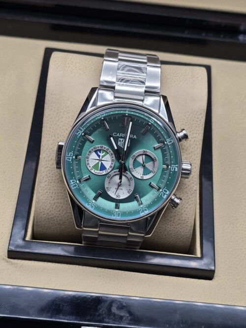 TAG Heuer — esfera verde con subesferas plateadas y brazalete plateado