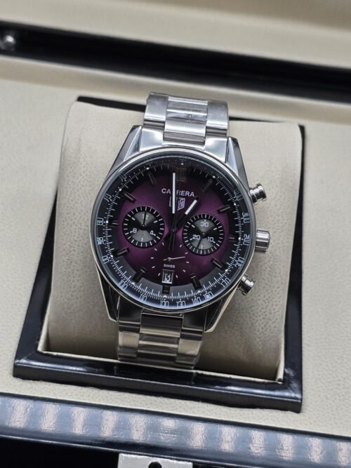 TAG Heuer — esfera violeta con subesferas y brazalete plateado