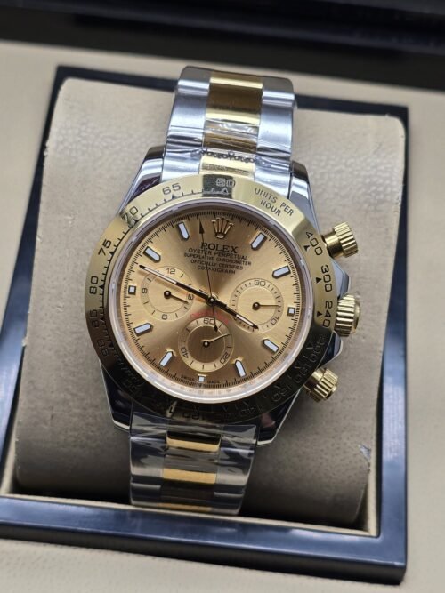 Rolex — esfera dorada con subesferas y brazalete bicolor