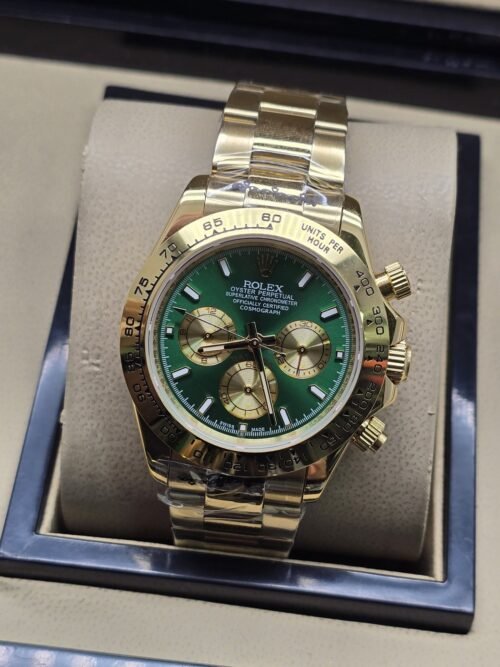 Rolex — esfera verde con subesferas doradas y brazalete dorado