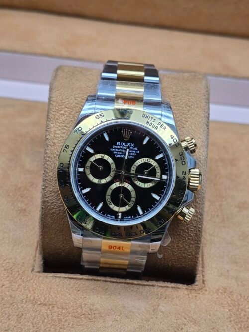 Rolex — esfera negra con subesferas y brazalete bicolor