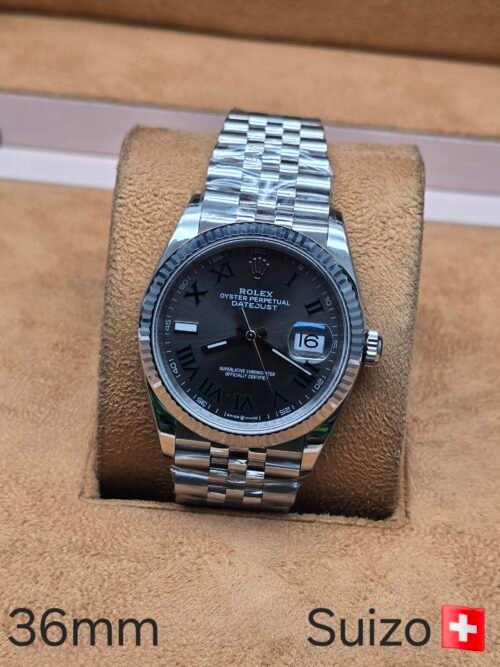 Rolex — esfera gris con números romanos · 36 mm