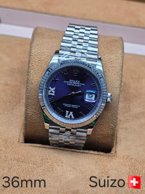 Rolex — esfera azul con números romanos · 36 mm