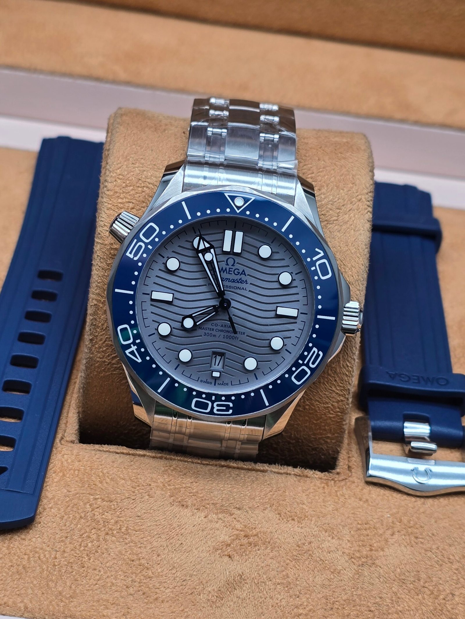 Omega — esfera gris y bisel azul