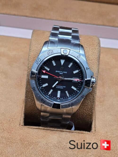 Breitling — esfera negra y brazalete plateado