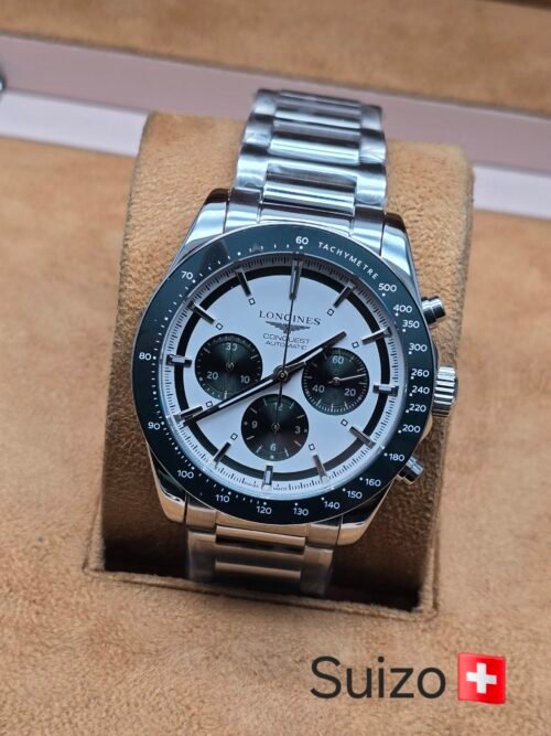 Longines — esfera blanca con subesferas y bisel verde