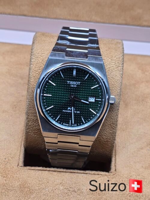 Tissot — esfera verde texturizada y brazalete plateado