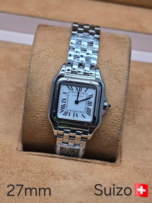 Cartier — esfera blanca y caja cuadrada · 27 mm