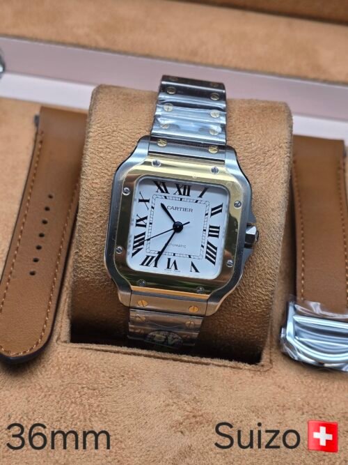 Cartier — esfera blanca y caja cuadrada bicolor · 36 mm