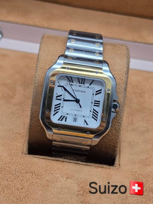 Cartier — esfera blanca y caja cuadrada bicolor