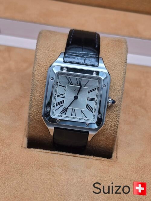 Cartier — esfera blanca y caja rectangular plateada