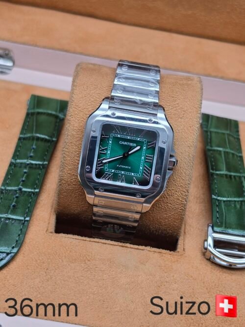 Cartier — esfera verde y caja cuadrada · 36 mm