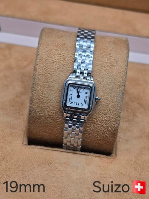 Cartier — esfera blanca y caja cuadrada · 19 mm