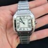 Cartier — caja cuadrada de acero con tornillos, esfera blanca con números romanos y brazalete de acero
