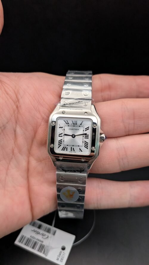 Cartier — caja cuadrada mediana de acero con tornillos, esfera blanca y brazalete de acero