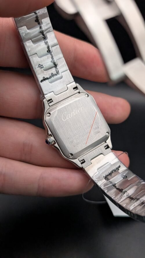 Cartier — caja cuadrada mediana de acero con tornillos, esfera blanca y brazalete de acero