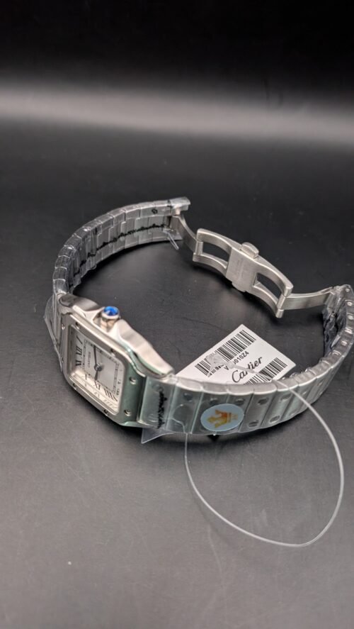 Cartier — caja cuadrada mediana de acero con tornillos, esfera blanca y brazalete de acero