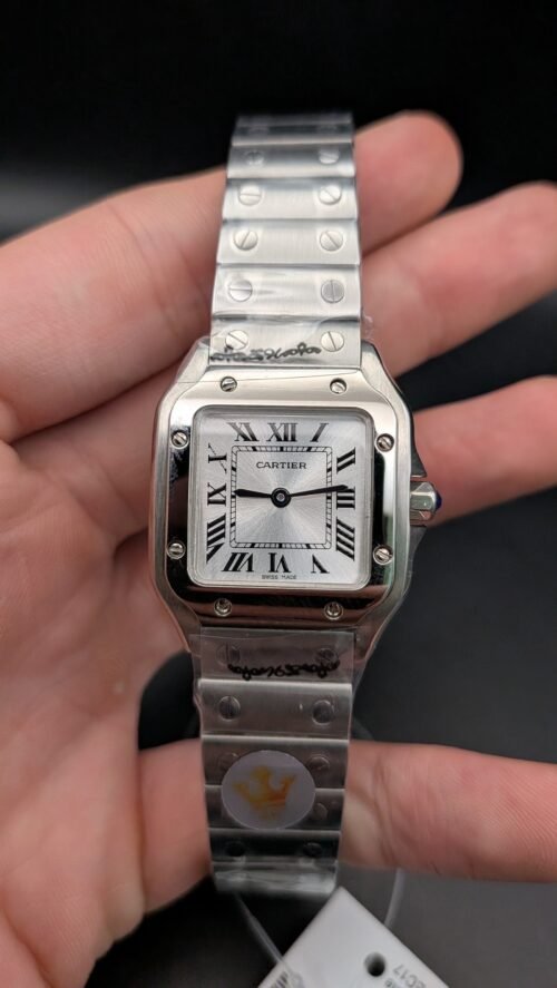 Cartier — caja cuadrada mediana de acero con tornillos, esfera blanca y brazalete de acero