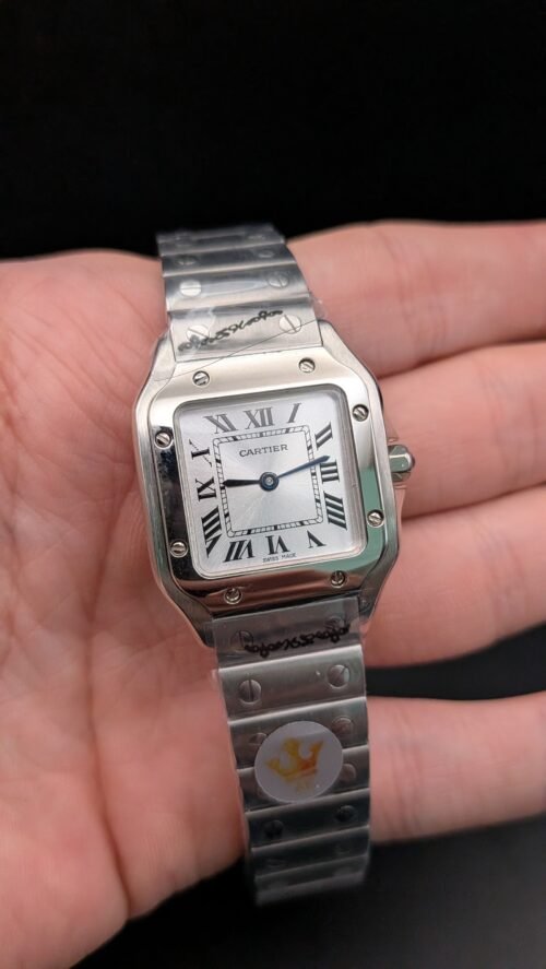 Cartier — caja cuadrada mediana de acero con tornillos, esfera blanca y brazalete de acero