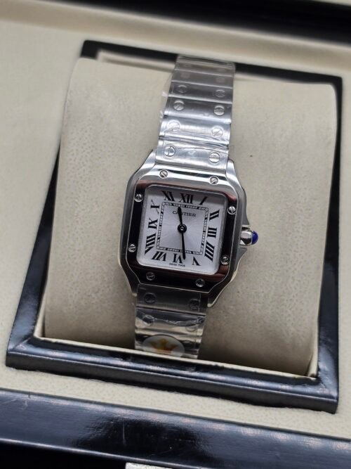 Cartier — caja cuadrada de acero con tornillos, esfera blanca y brazalete de acero