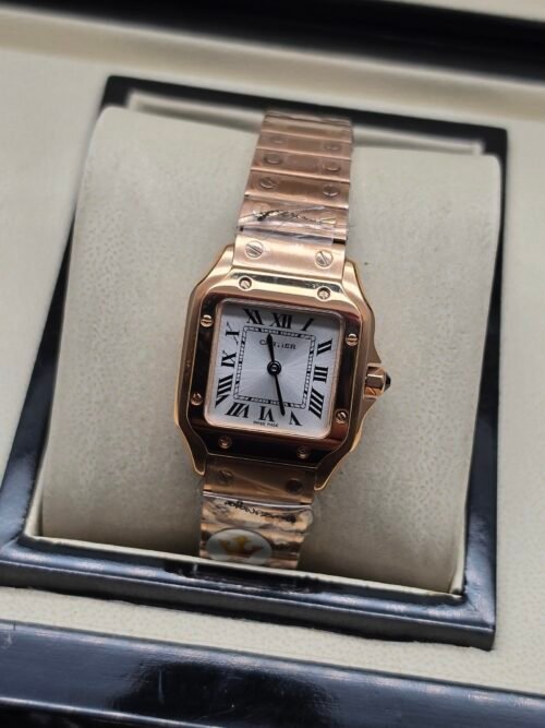 Cartier — caja cuadrada oro rosa con tornillos, esfera blanca y brazalete oro rosa
