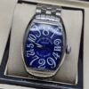 Franck Muller — caja tonneau de acero, esfera azul con números grandes y brazalete de acero