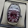 Franck Muller — caja tonneau de acero, esfera vinotinto con números grandes y brazalete de acero