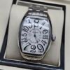 Franck Muller — caja tonneau de acero, esfera blanca con números grandes y brazalete de acero
