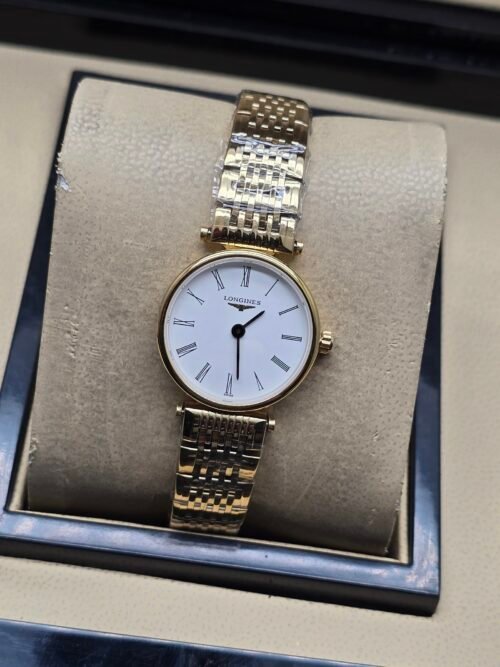 Longines — esfera blanca, caja dorada y brazalete dorado