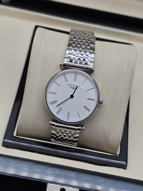 Longines — esfera blanca con números romanos y brazalete de acero