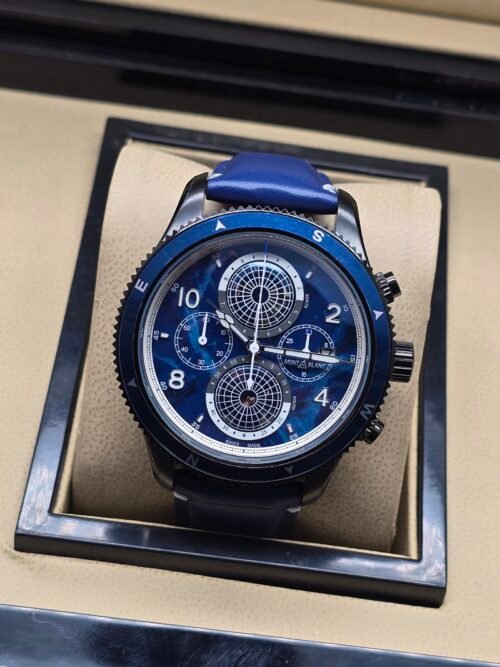 Montblanc — cronógrafo con esfera azul texturizada, bisel azul y correa azul