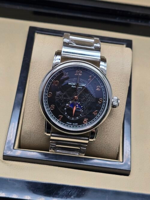 Montblanc — esfera negra con mapa y fases lunares, brazalete de acero